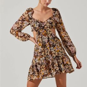 ASTR The Label Teyla Long Sleeve Floral Dress in Brown and Yellow
